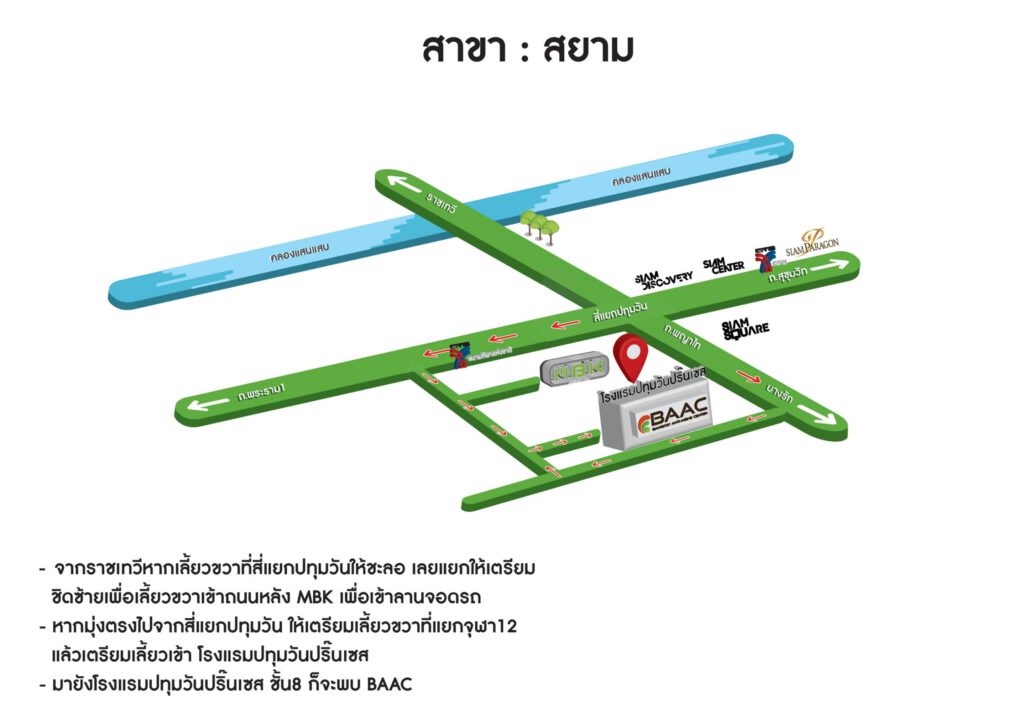 Map showing directions to BAAC Siam Branch at Pathumwan Princess Hotel