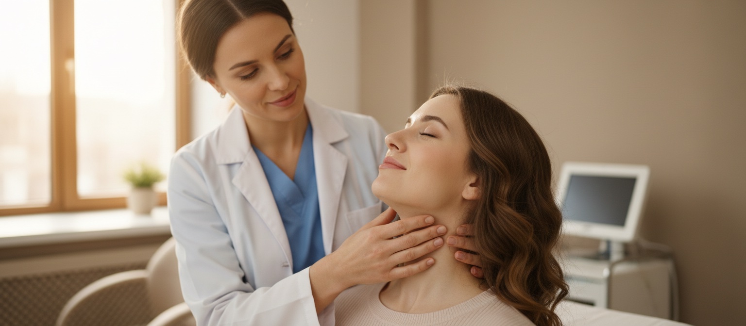Doctor gently examining a patient’s thyroid