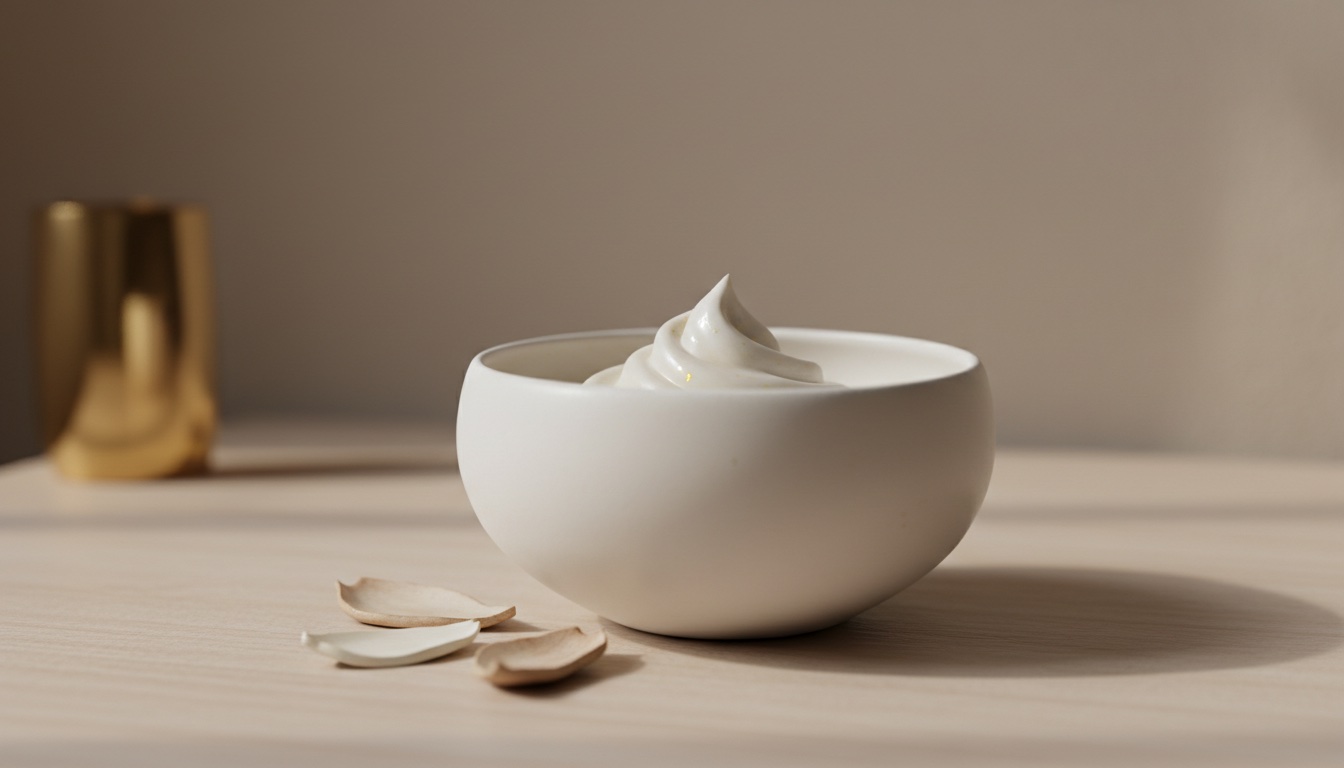 Bowl of rich skincare cream on a minimal stone surface