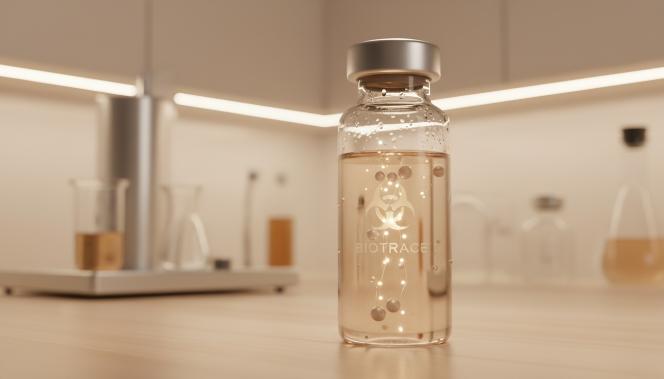 Glass vial of treatment serum on a laboratory bench