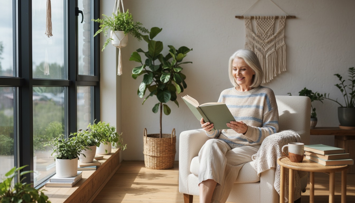 Smiling older woman reading in a bright, plant-filled living room