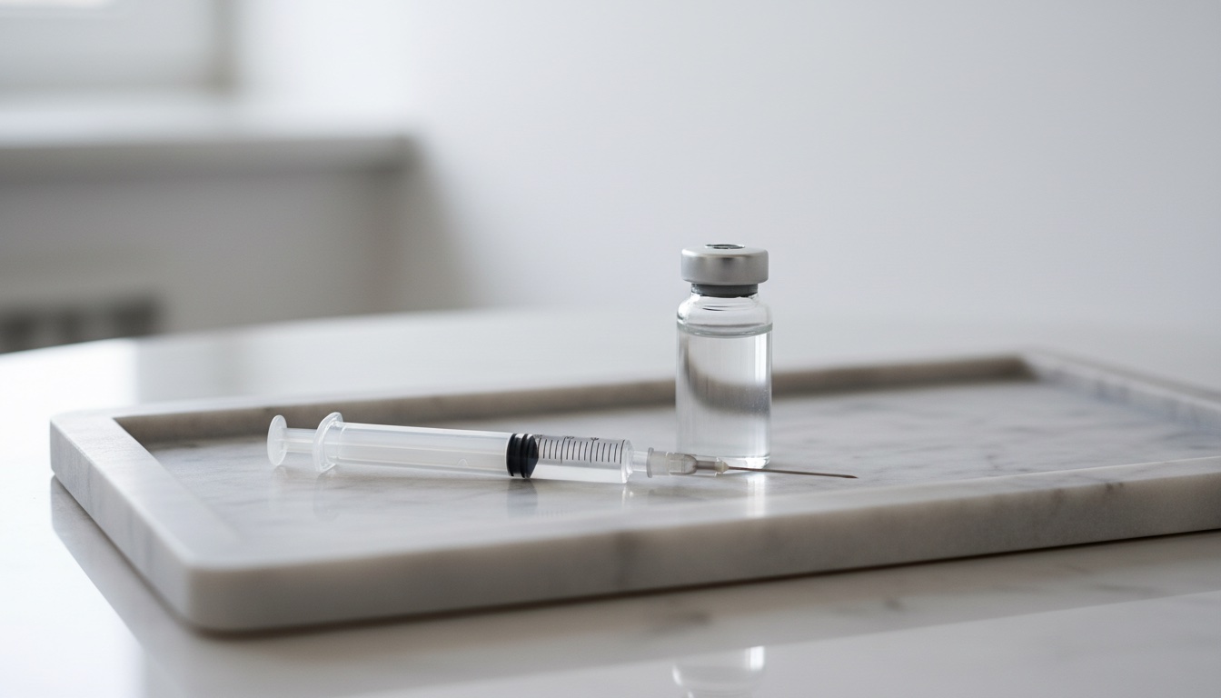 Vaccine vial and syringe on a marble clinic tray