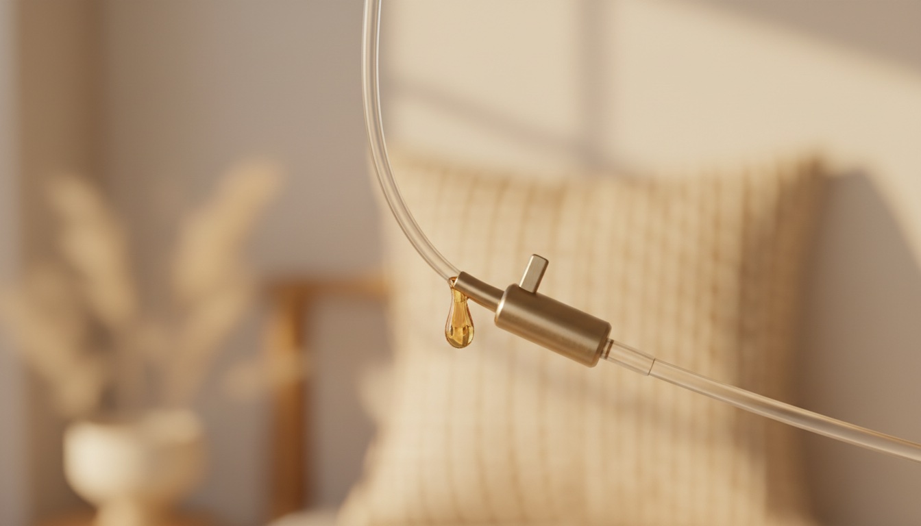 Close-up of an IV drip line releasing a drop of vitamin infusion