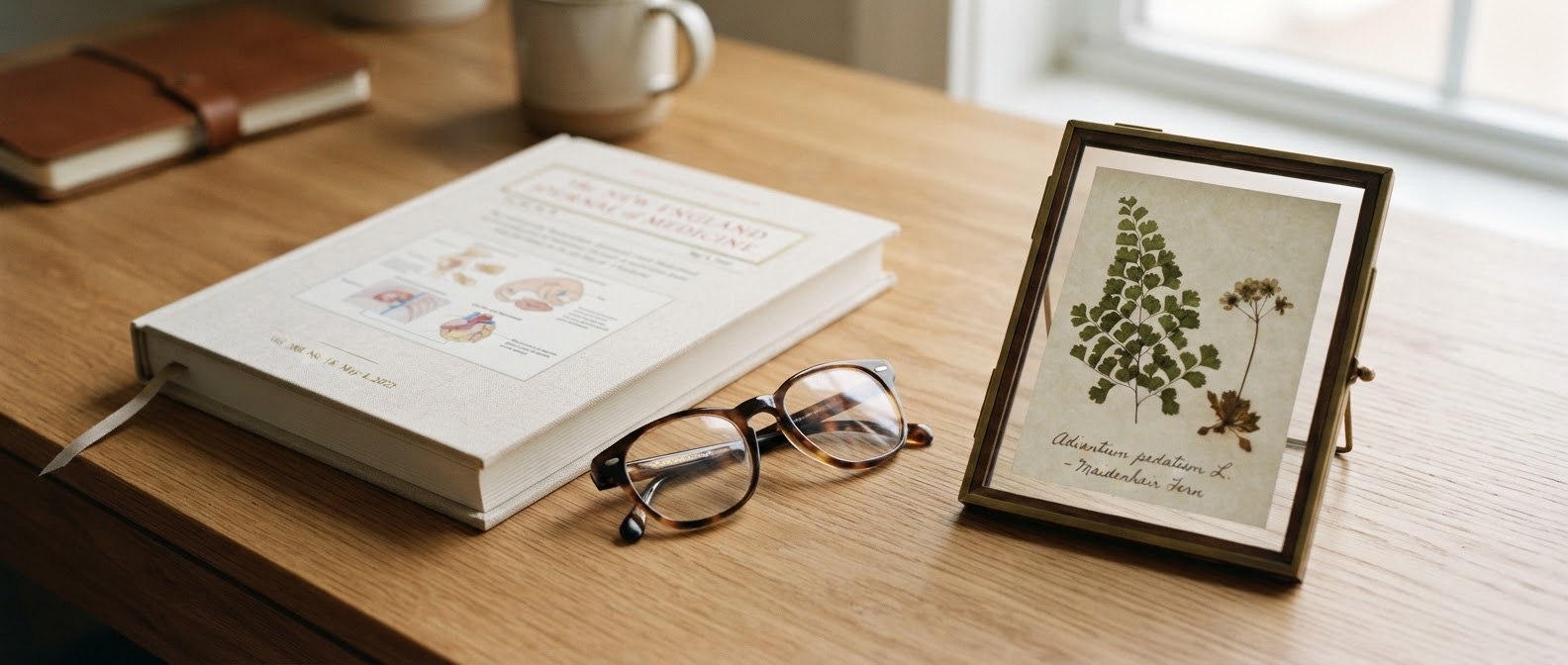 An open book, reading glasses and a pressed fern on a wooden desk