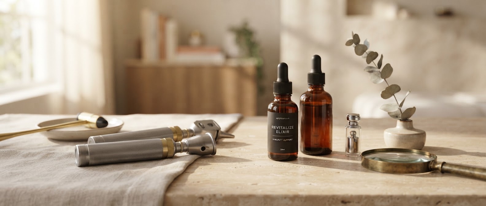 Serum bottles and wellness tools arranged on a stone table